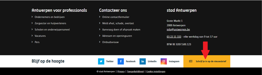 screenshot van onderkant van de startpagina met rode pijl die wijst naar oranje knop rechtsonder screenshot van onderkant van de startpagina met rode pijl die wijst naar oranje knop rechtsonder